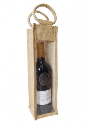 SINGLE BOTTLE JUTE BAG with Window and Cotton Corded Handles - NATURAL