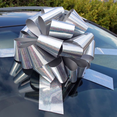 MEGA Giant Car Bow (42cm diameter) with 6m Ribbon - HOLOGRAPHIC SILVER