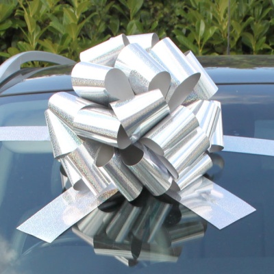 MEGA Giant Car Bow (42cm diameter) with 6m Ribbon - HOLOGRAPHIC SILVER