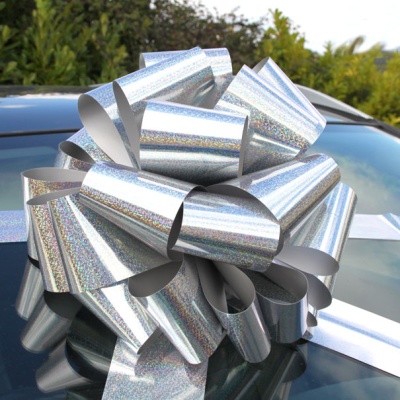 MEGA Giant Car Bow (42cm diameter) with 6m Ribbon - HOLOGRAPHIC SILVER