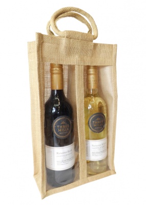 DOUBLE BOTTLE JUTE BAG with Window, Partition and Cotton Corded Handles - NATURAL