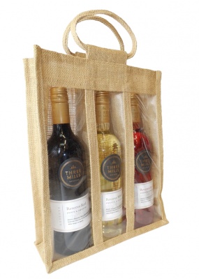 TRIPLE BOTTLE JUTE BAG with Window, Partition and Cotton Corded Handles - NATURAL