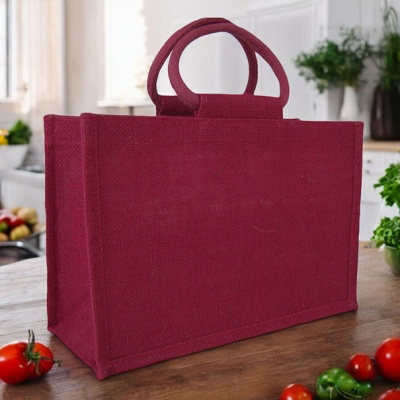 MEDIUM Open Jute Bag with Cotton Corded Handles - 30x12x20cm high - RED WINE