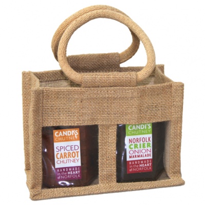 SET of 4 - 2 JAR JUTE BAGS with Window 17x10x14cm high - BLACK/RED/GREEN/NATURAL