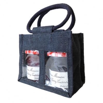 SET of 4 - 2 JAR JUTE BAGS with Window 17x10x14cm high - BLACK/RED/GREEN/NATURAL