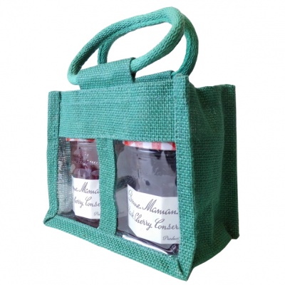 SET of 4 - 2 JAR JUTE BAGS with Window 17x10x14cm high - BLACK/RED/GREEN/NATURAL