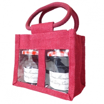 SET of 4 - 2 JAR JUTE BAGS with Window 17x10x14cm high - BLACK/RED/GREEN/NATURAL