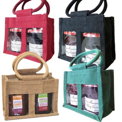 SET of 4 - 2 JAR JUTE BAGS with Window 17x10x14cm high - BLACK/RED/GREEN/NATURAL