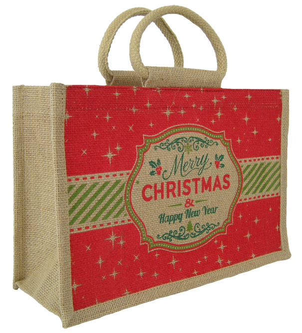 LARGE Open Jute Bag with Cotton Handles - 35cm- CHRISTMAS