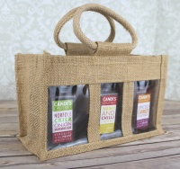 3 JAR JUTE BAG with Window, Partition and Cotton Corded Handles - 24x10x14cm high - NATURAL